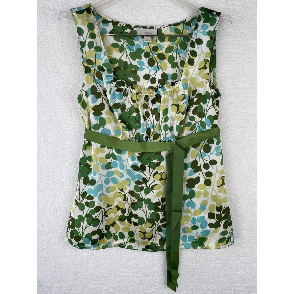 Ann Taylor LOFT Green Botanical Leaf Print Sleeveless Blouse Square Neck Size 2